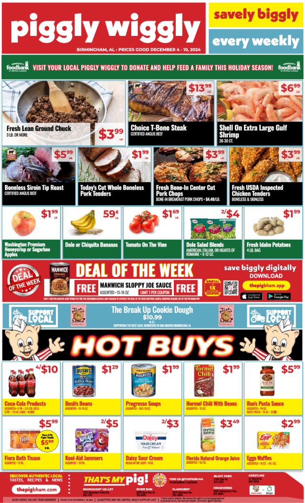 Piggly Wiggly weekly ad for December 4-10, 2024, featuring discounts on fresh meats, produce, pantry staples, and hot buys like Manwich Sloppy Joe Sauce, Coca-Cola products, and The Break Up Cookie Dough. Save big this week!